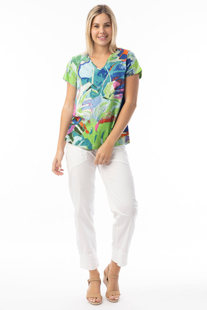 Orientique 23098LB Blue Leaves Print V-Neck T-Shirt