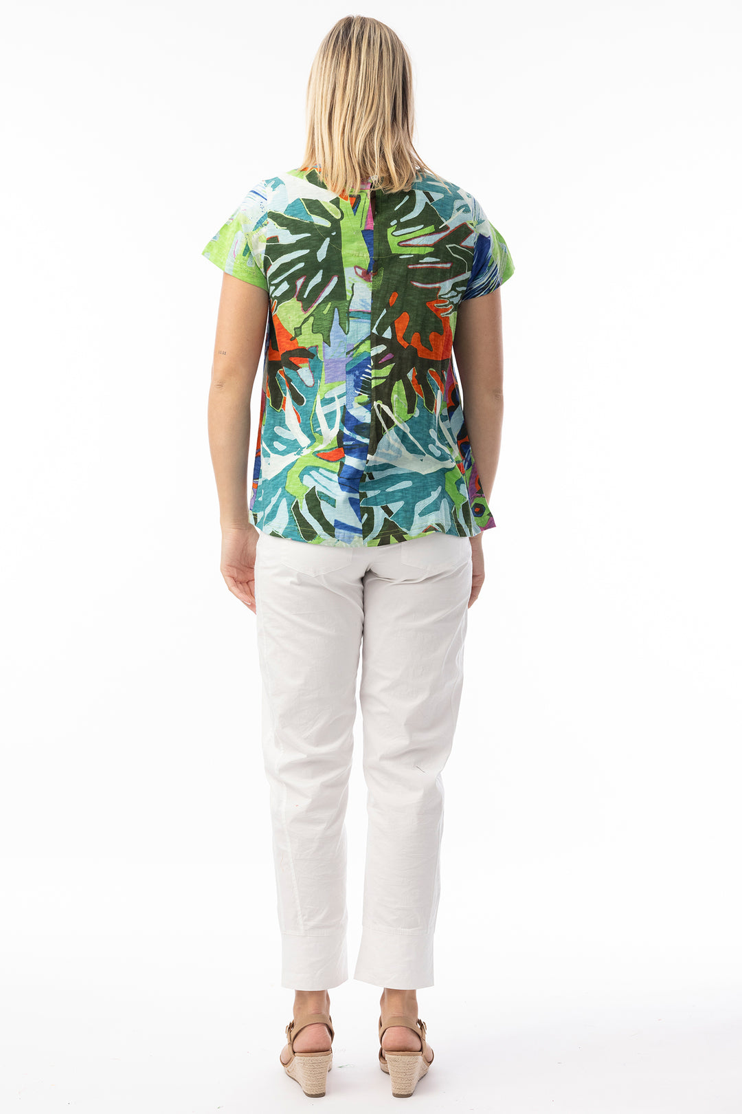 Orientique 23098LB Blue Leaves Print V-Neck T-Shirt