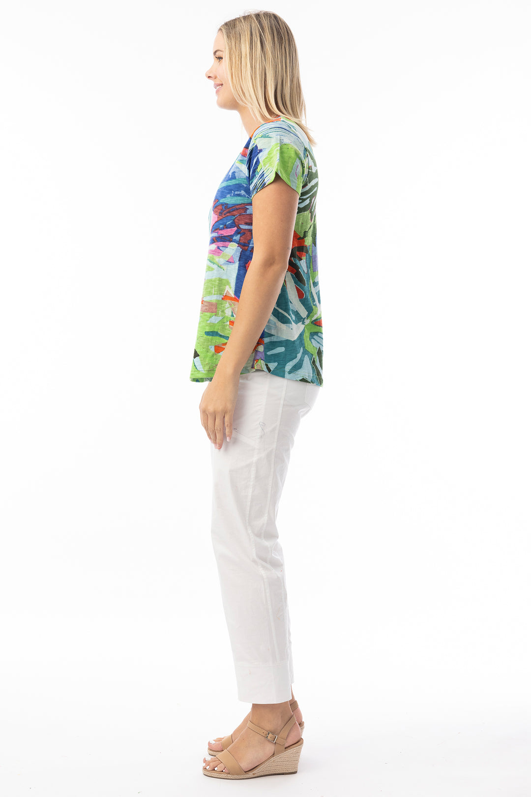 Orientique 23098LB Blue Leaves Print V-Neck T-Shirt
