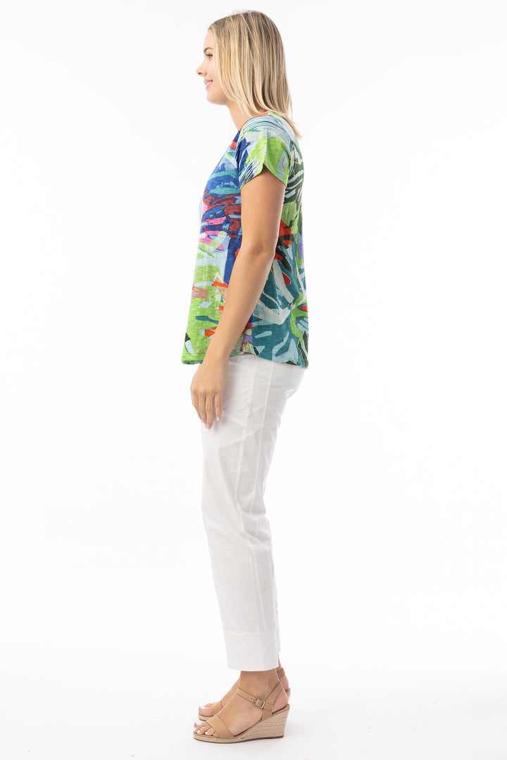 Orientique 23098LB Blue Leaves Print V-Neck T-Shirt