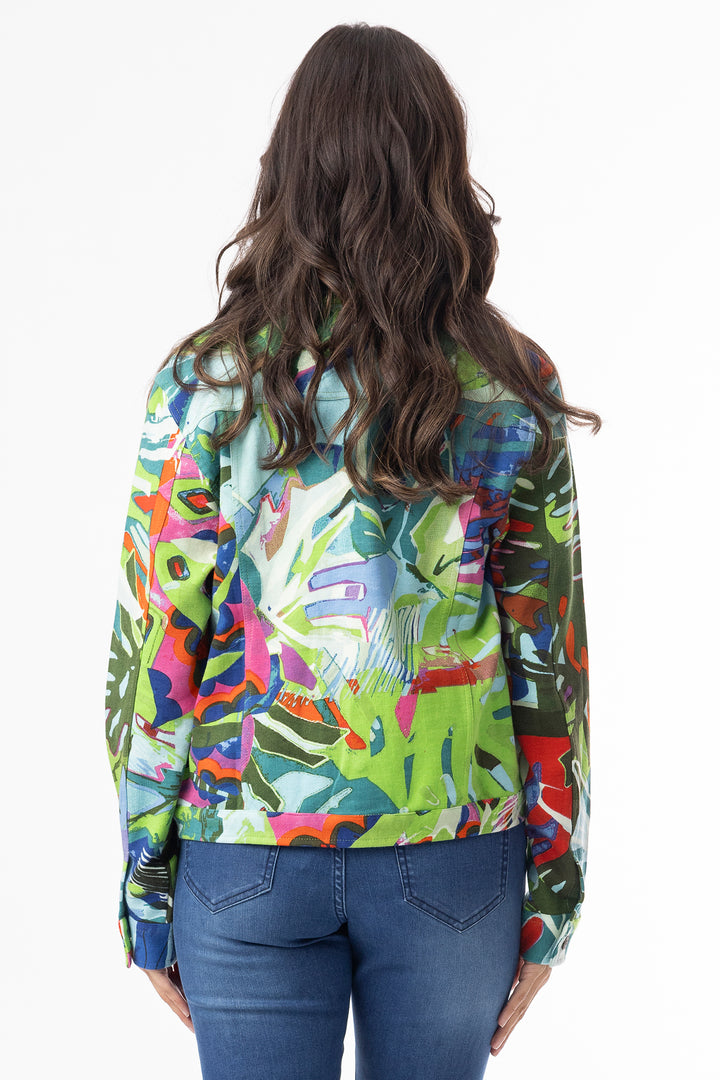 Orientique 23101LB Blue Leaves Print Cotton Ponte Jacket