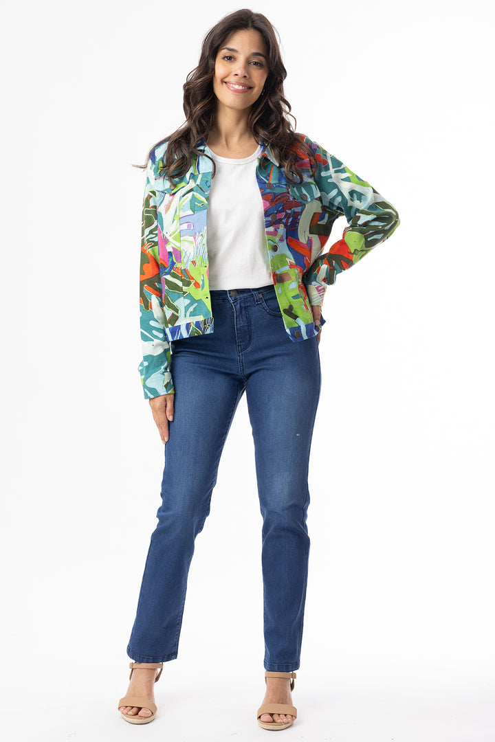 Orientique 23101LB Blue Leaves Print Cotton Ponte Jacket