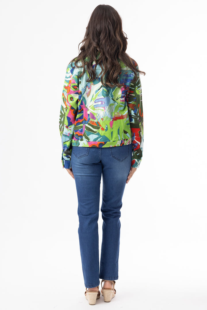 Orientique 23101LB Blue Leaves Print Cotton Ponte Jacket