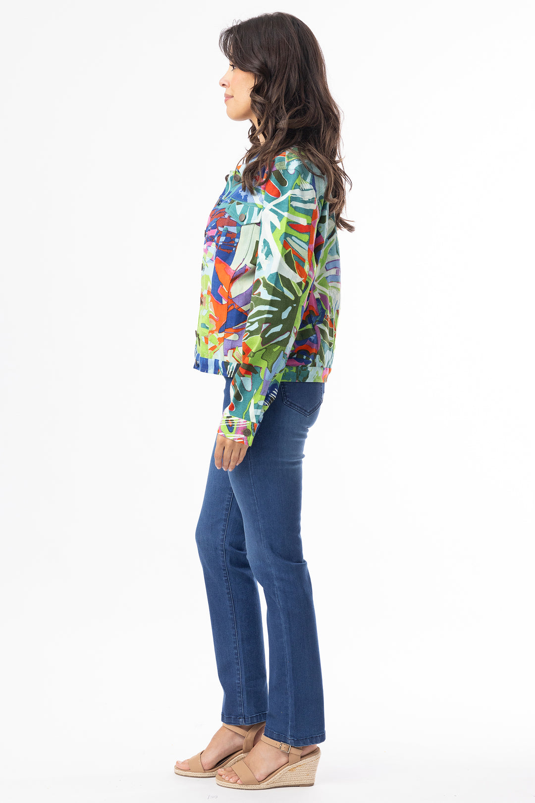 Orientique 23101LB Blue Leaves Print Cotton Ponte Jacket