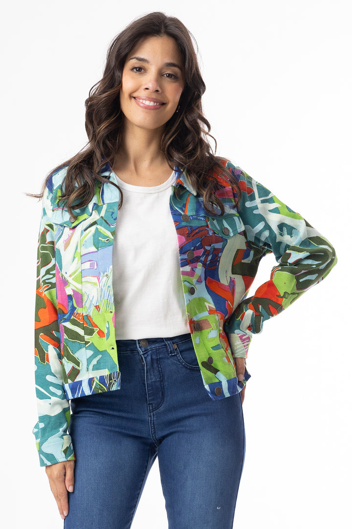 Orientique 23101LB Blue Leaves Print Cotton Ponte Jacket