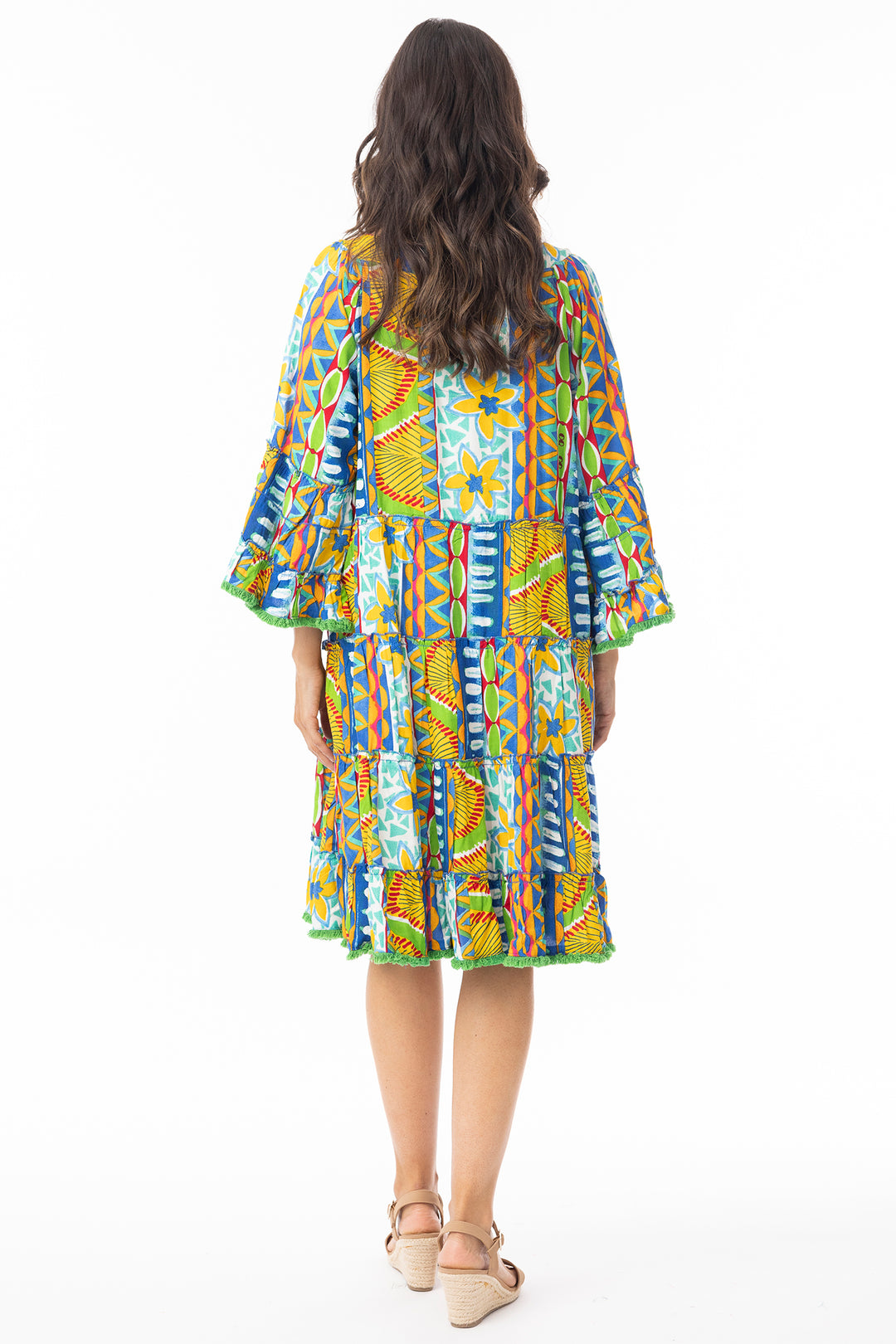 Orientique 40182 Green Ipanema Print Layered Frill Sleeve Dress
