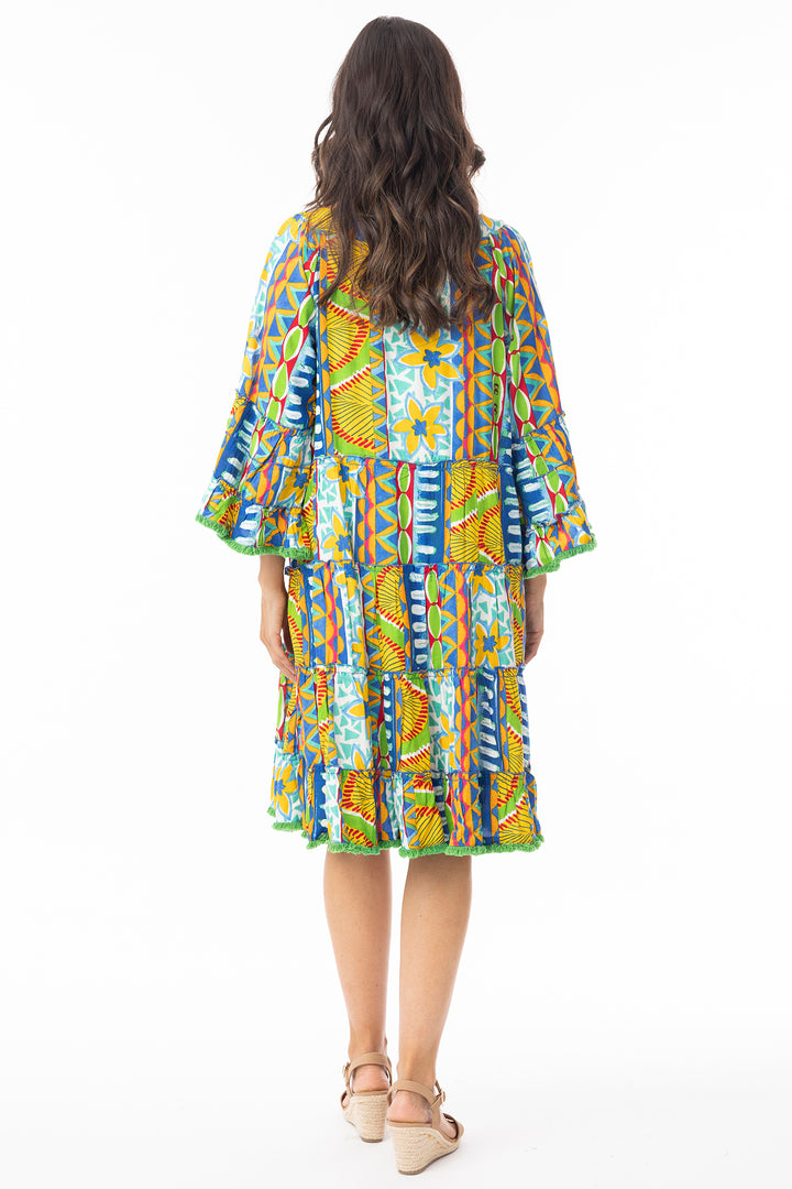 Orientique 40182 Green Ipanema Print Layered Frill Sleeve Dress