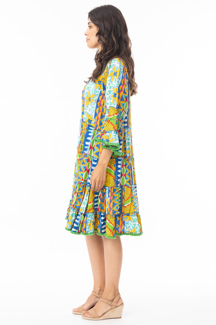 Orientique 40182 Green Ipanema Print Layered Frill Sleeve Dress