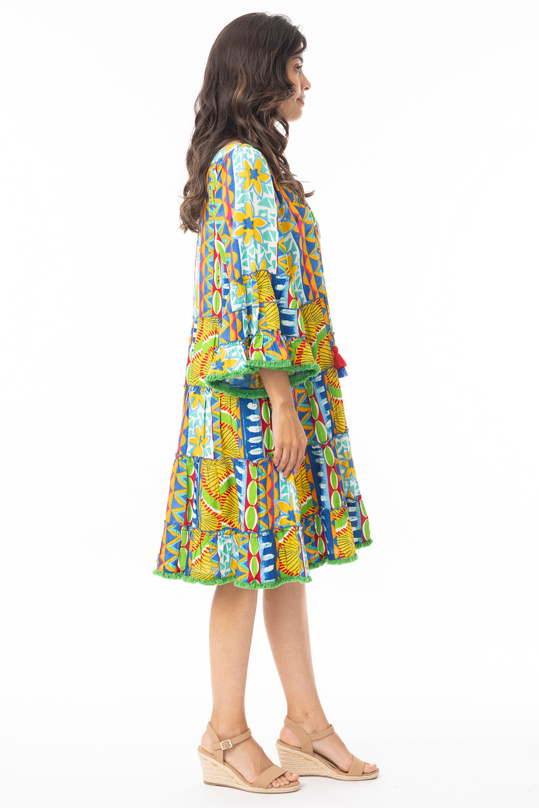 Orientique 40182 Green Ipanema Print Layered Frill Sleeve Dress