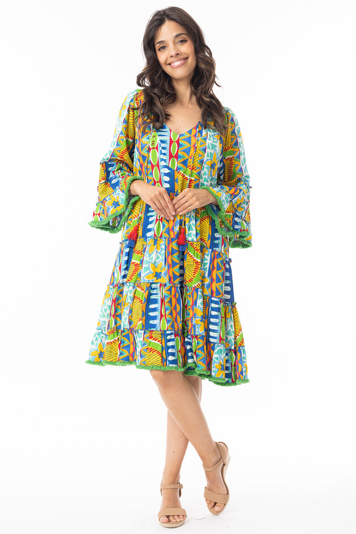 Orientique 40182 Green Ipanema Print Layered Frill Sleeve Dress