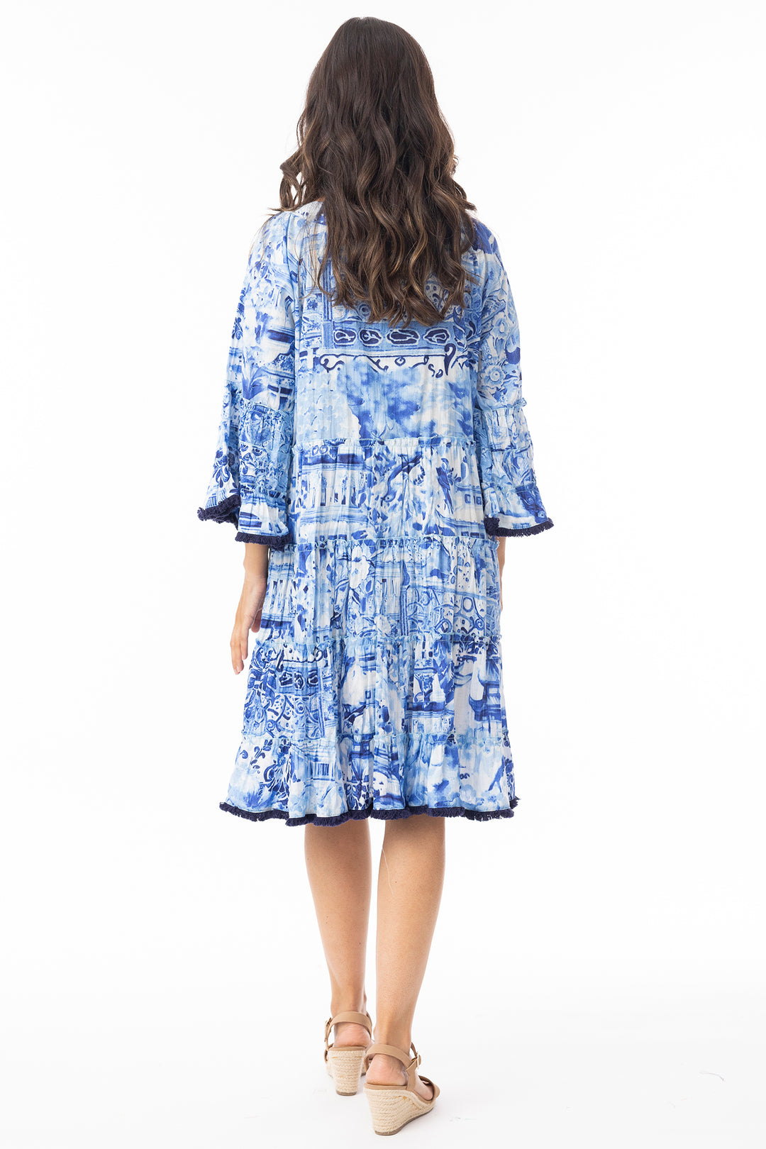 Orientique 40188 Blue Okayama Print Frill Sleeve Layer Dress
