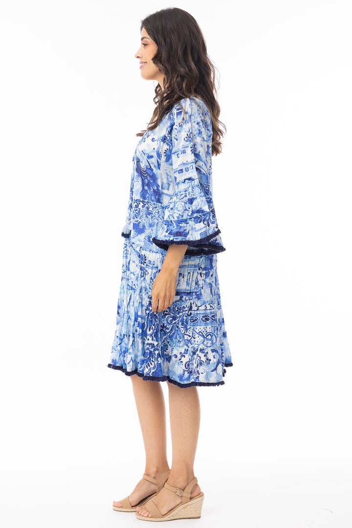 Orientique 40188 Blue Okayama Print Frill Sleeve Layer Dress
