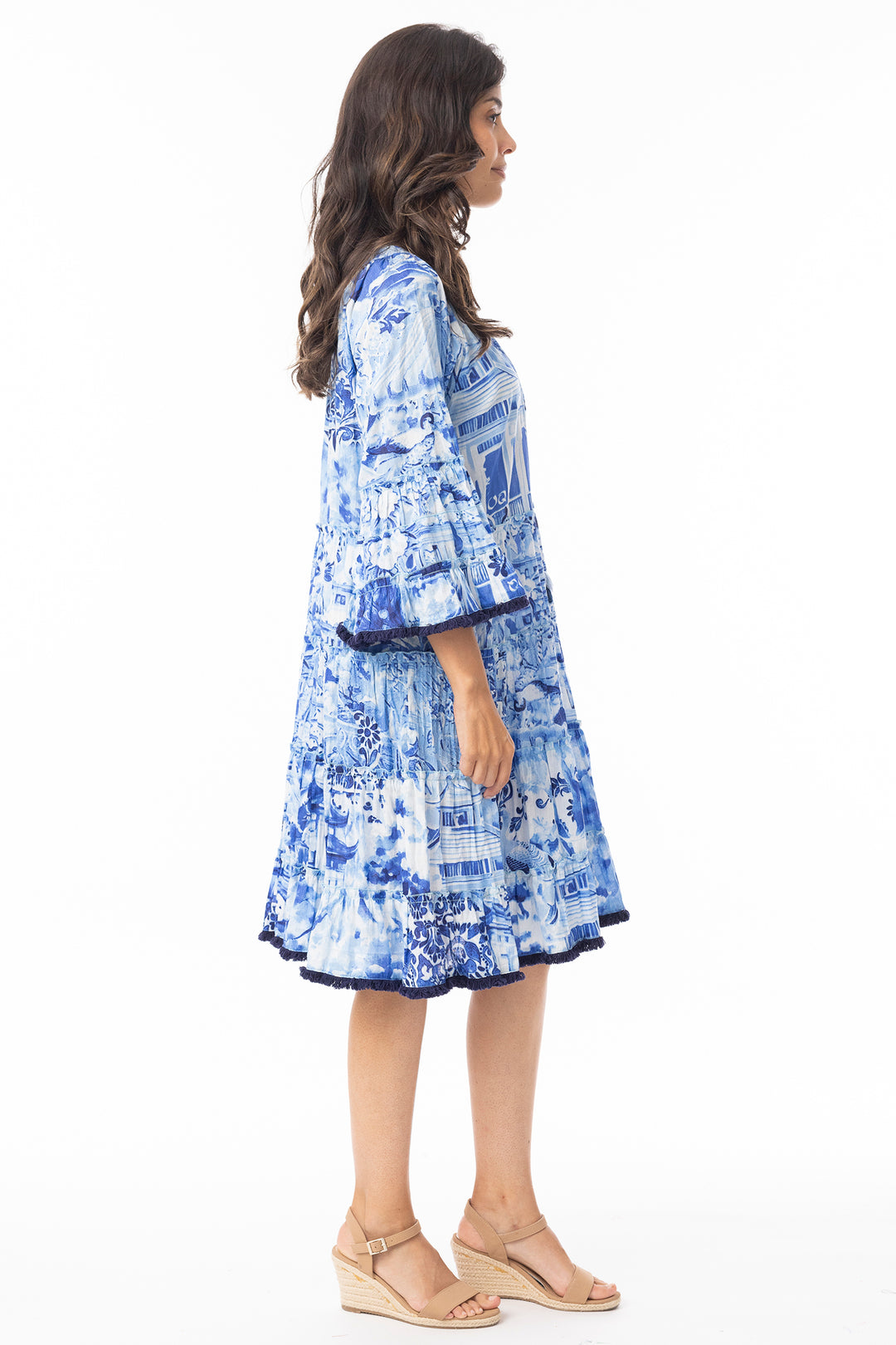 Orientique 40188 Blue Okayama Print Frill Sleeve Layer Dress
