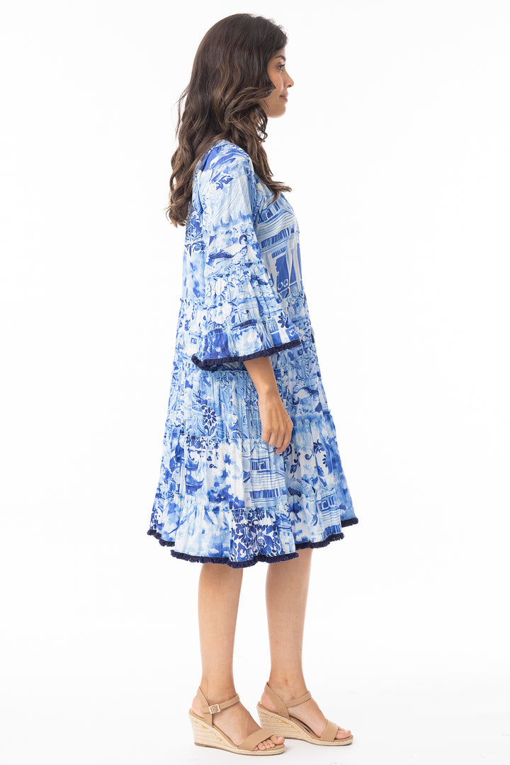 Orientique 40188 Blue Okayama Print Frill Sleeve Layer Dress