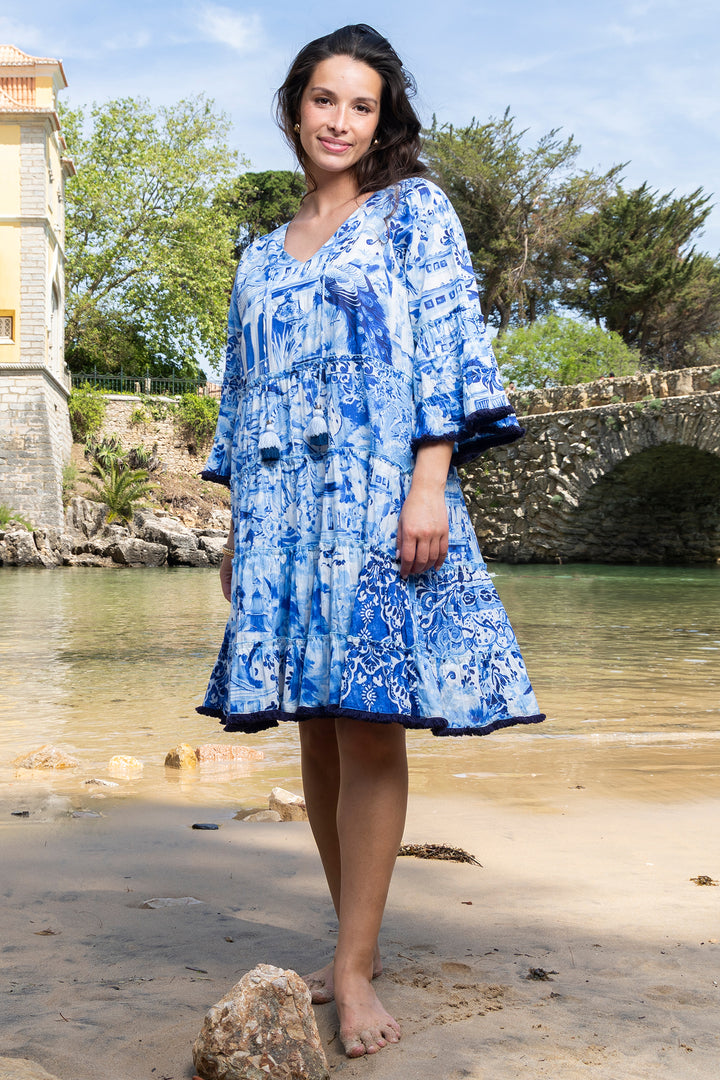 Orientique 40188 Blue Okayama Print Frill Sleeve Layer Dress