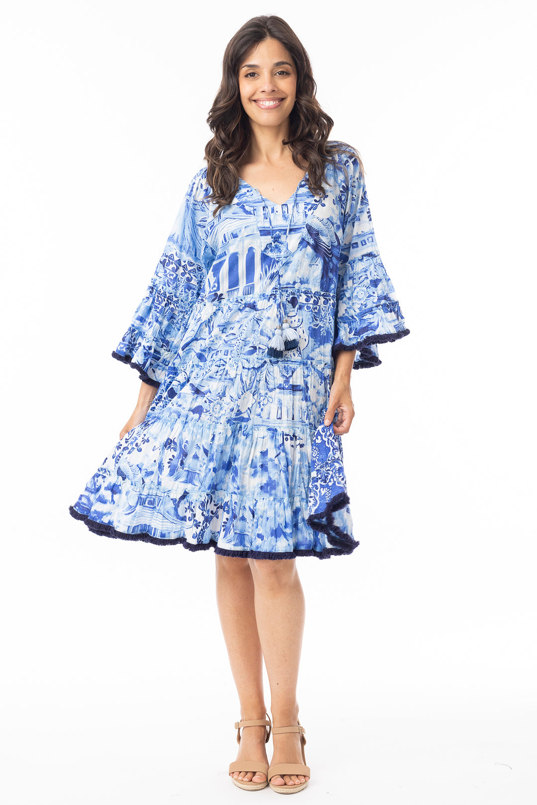 Orientique 40188 Blue Okayama Print Frill Sleeve Layer Dress