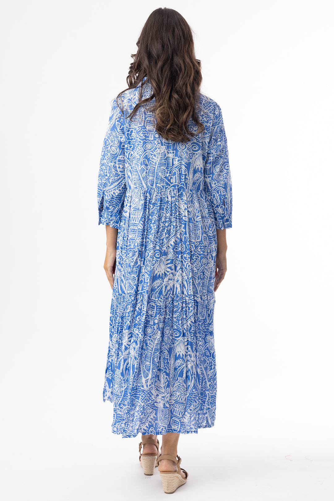 Orientique 40228 Blue Aksharay Print Collar Midi Dress