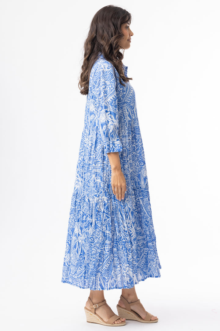 Orientique 40228 Blue Aksharay Print Collar Midi Dress
