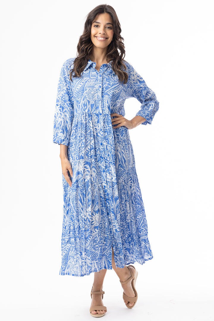 Orientique 40228 Blue Aksharay Print Collar Midi Dress