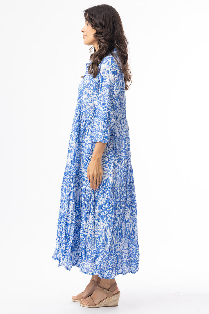 Orientique 40228 Blue Aksharay Print Collar Midi Dress