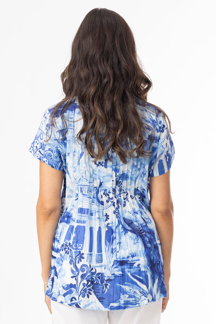 Orientique 42187 Blue Okayama Print Pleated Top