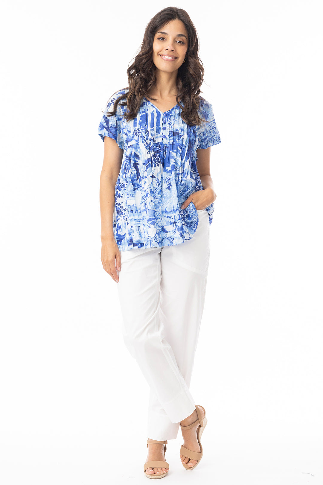 Orientique 42187 Blue Okayama Print Pleated Top