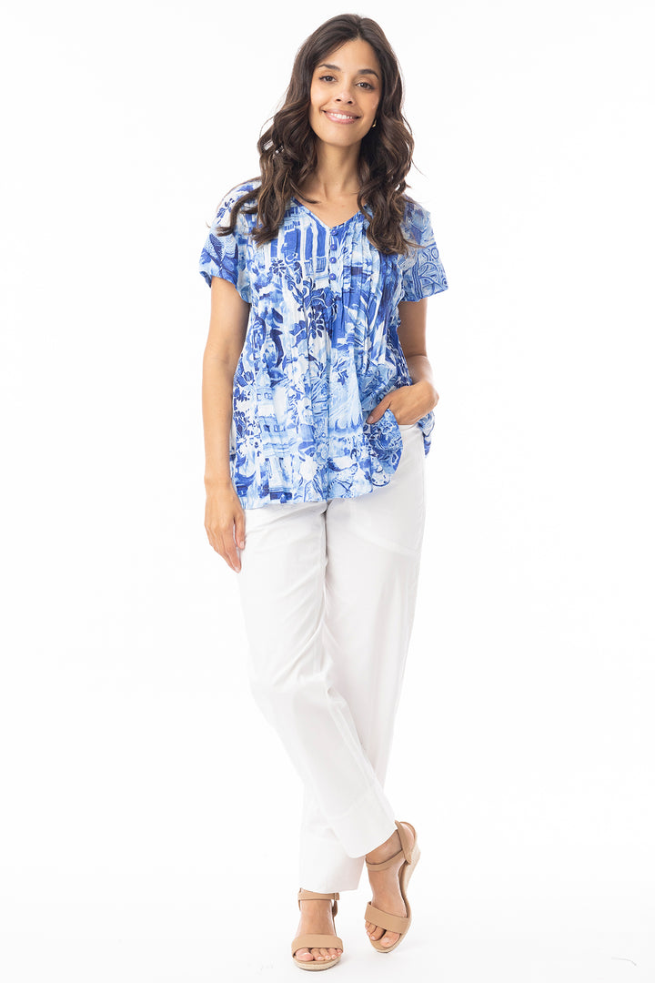 Orientique 42187 Blue Okayama Print Pleated Top