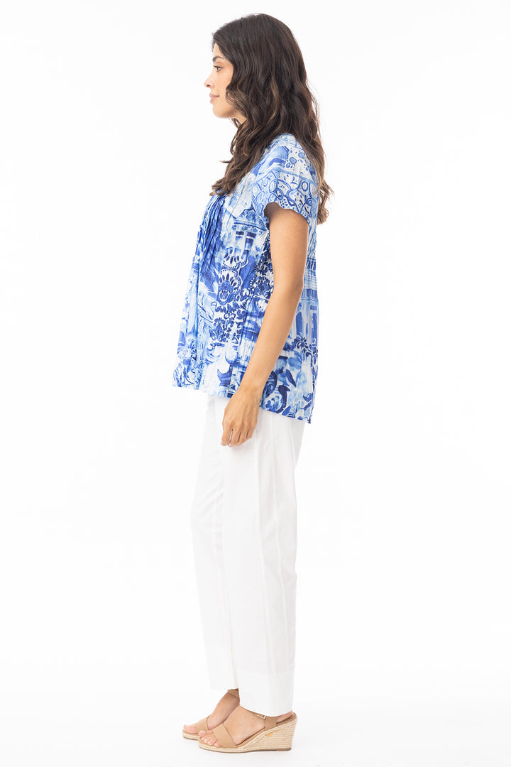 Orientique 42187 Blue Okayama Print Pleated Top