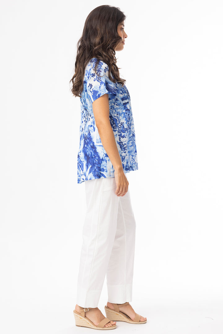 Orientique 42187 Blue Okayama Print Pleated Top