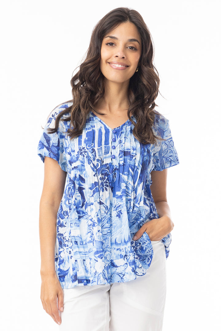 Orientique 42187 Blue Okayama Print Pleated Top