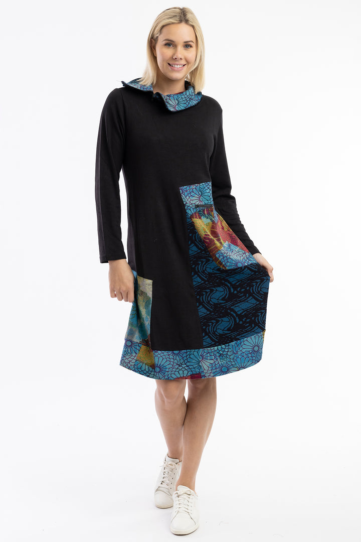 Orientique 61724 Black Billie Jean Print Patch Pockets Dress