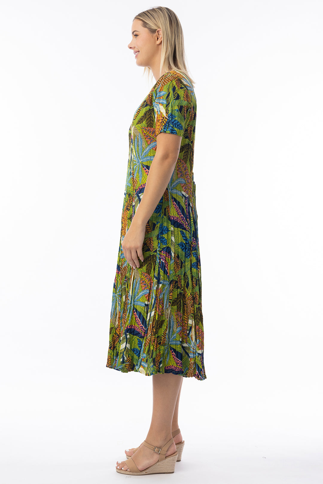 Orientique 61757 Green Tayrona Print Short Sleeve Godet Dress