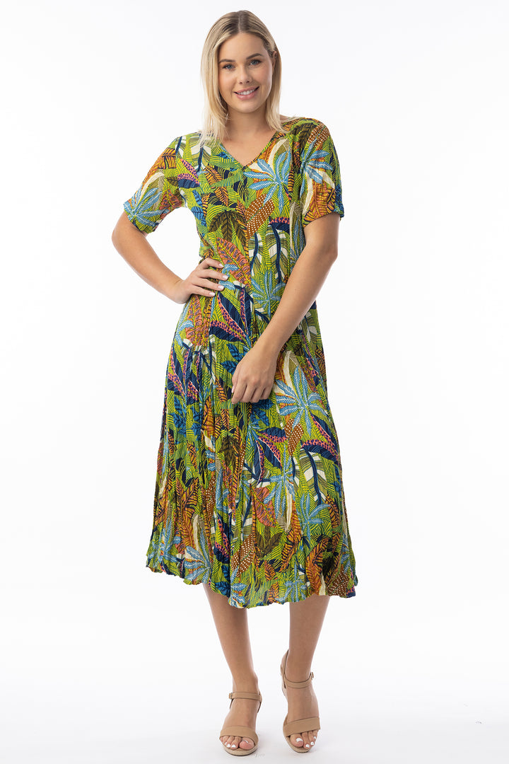 Orientique 61757 Green Tayrona Print Short Sleeve Godet Dress