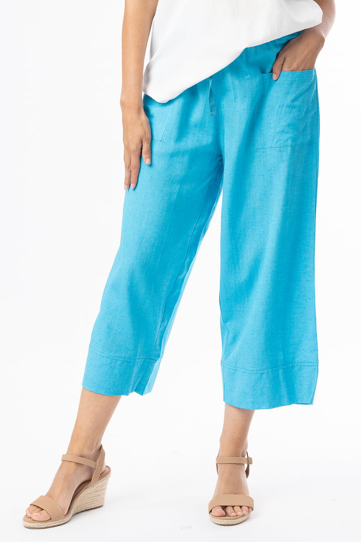 Orientique 6697 Aqua Blue Linen Blend Essentials Cropped Trousers