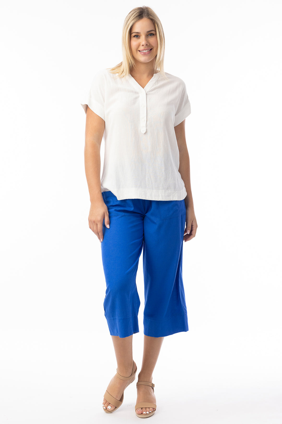 Orientique 6697 Electric Blue Linen Blend Essentials Cropped Trousers
