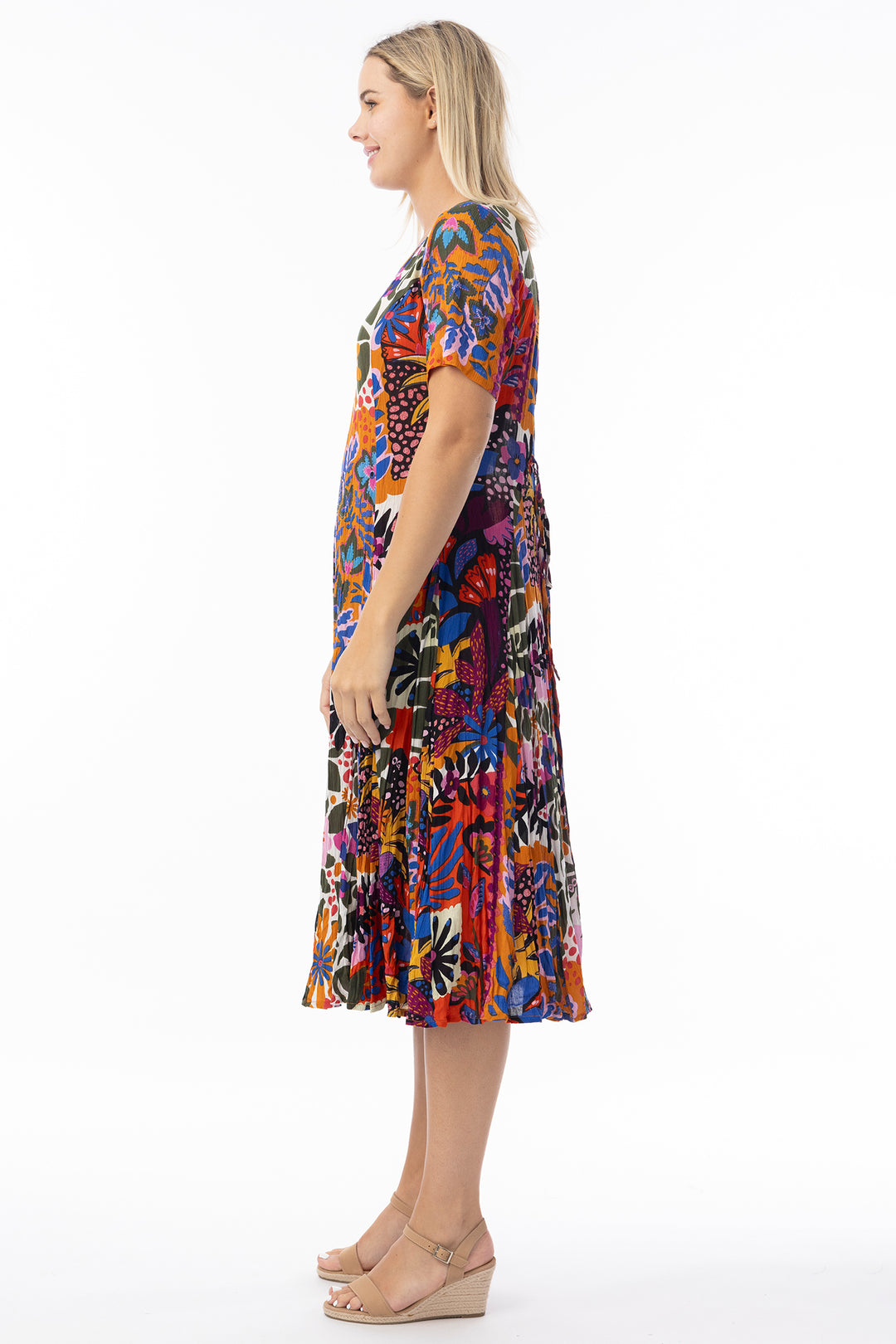 Orientique 81327 Orange Salvador Multicolour Print Short Sleeve Godet Dress