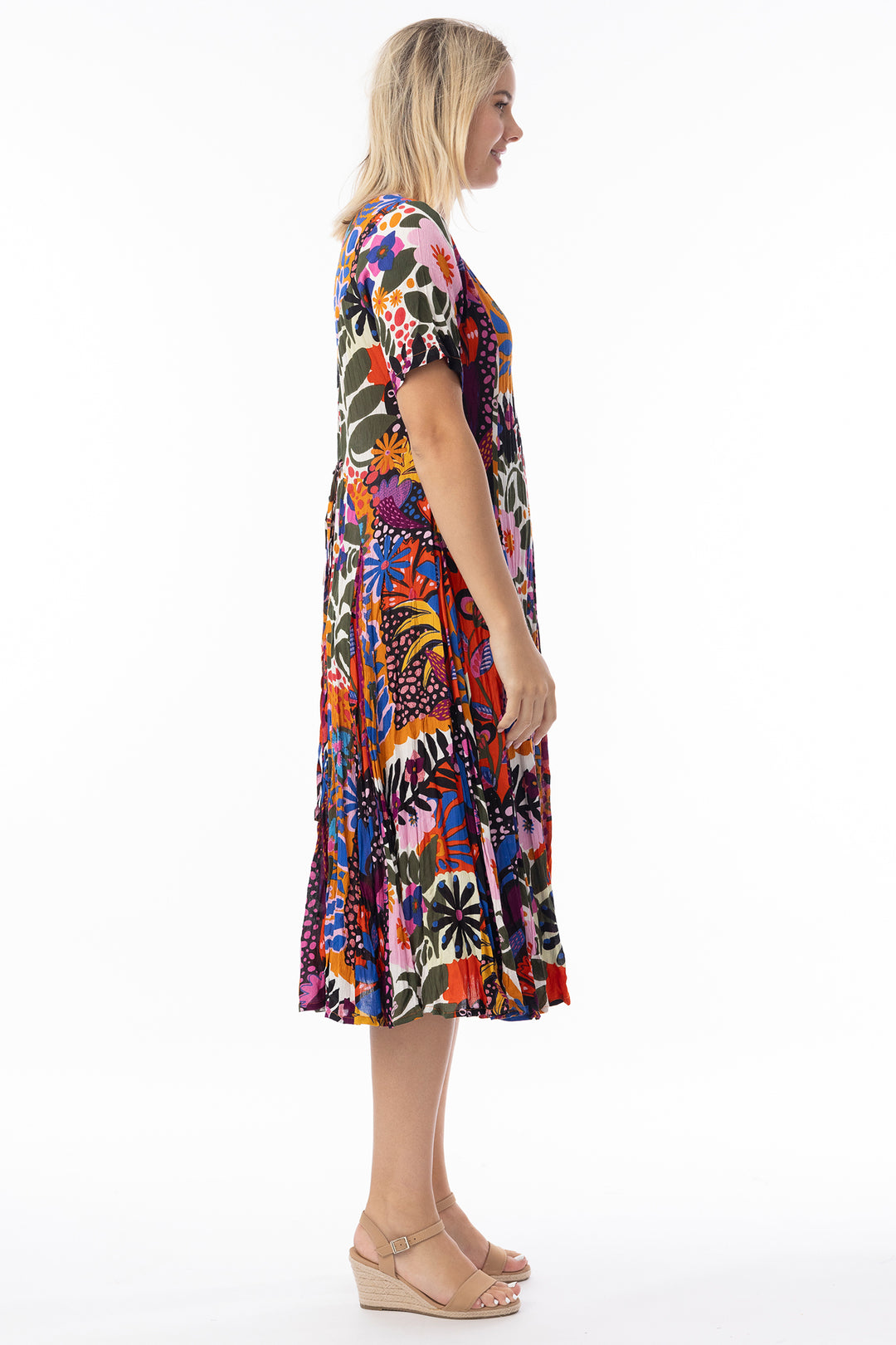 Orientique 81327 Orange Salvador Multicolour Print Short Sleeve Godet Dress