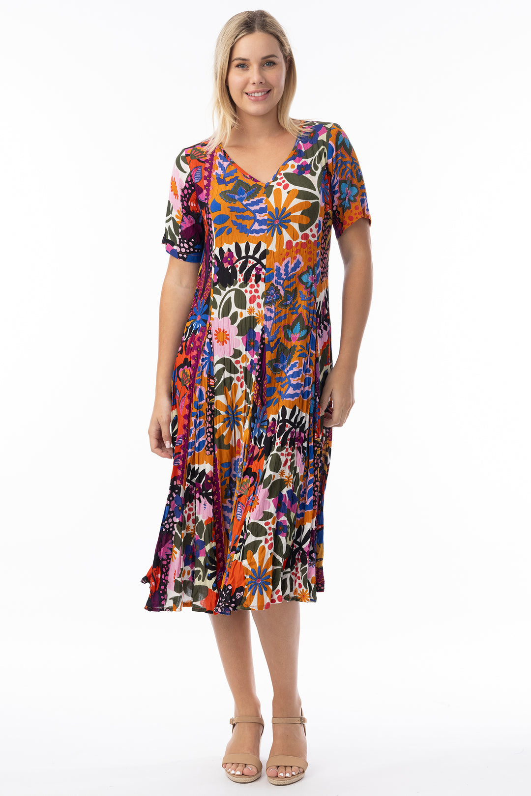 Orientique 81327 Orange Salvador Multicolour Print Short Sleeve Godet Dress
