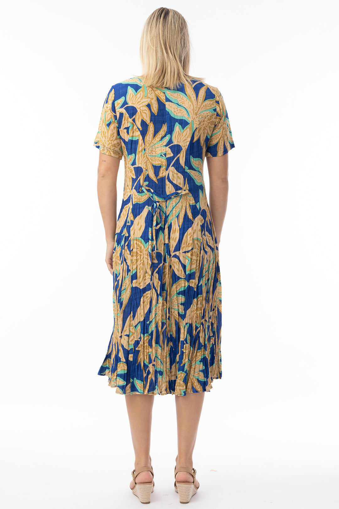 Orientique 81339 Blue Playa Brava Print Short Sleeve Godet Dress