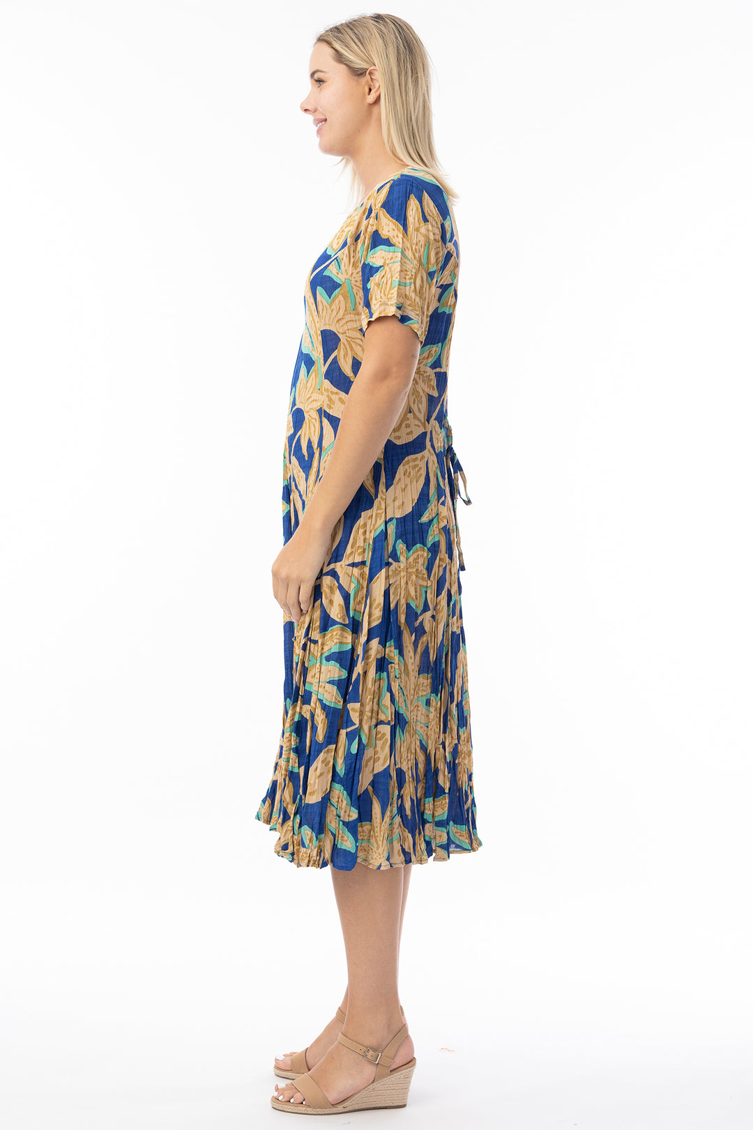 Orientique 81339 Blue Playa Brava Print Short Sleeve Godet Dress