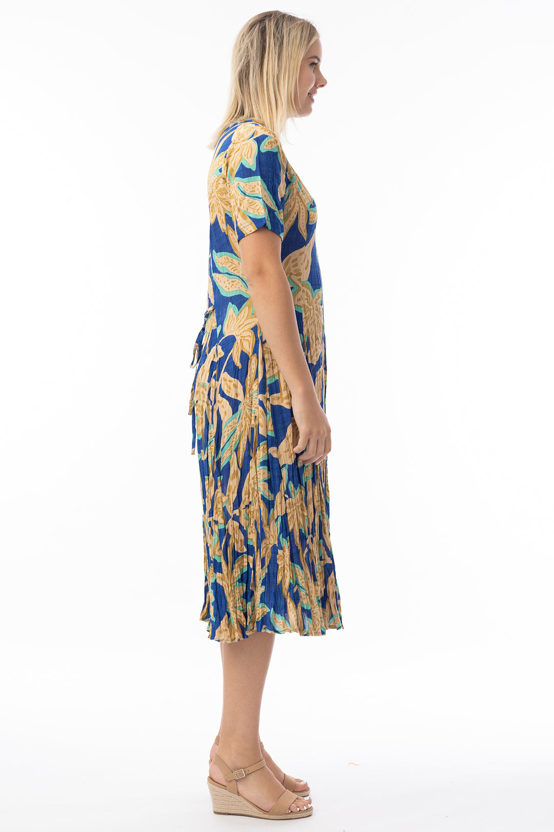 Orientique 81339 Blue Playa Brava Print Short Sleeve Godet Dress