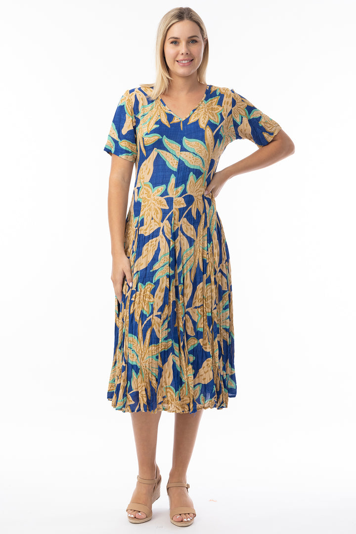 Orientique 81339 Blue Playa Brava Print Short Sleeve Godet Dress