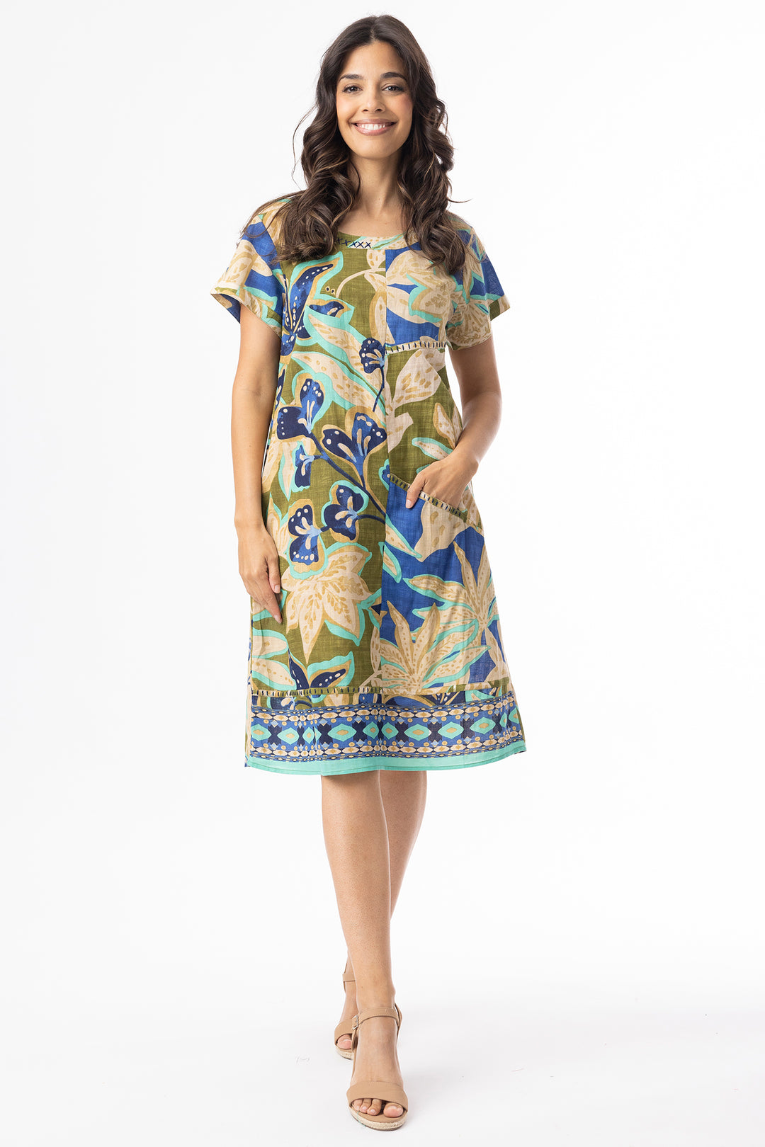 Orientique 81344 Olive Green Playa Brava Patch Print Dress