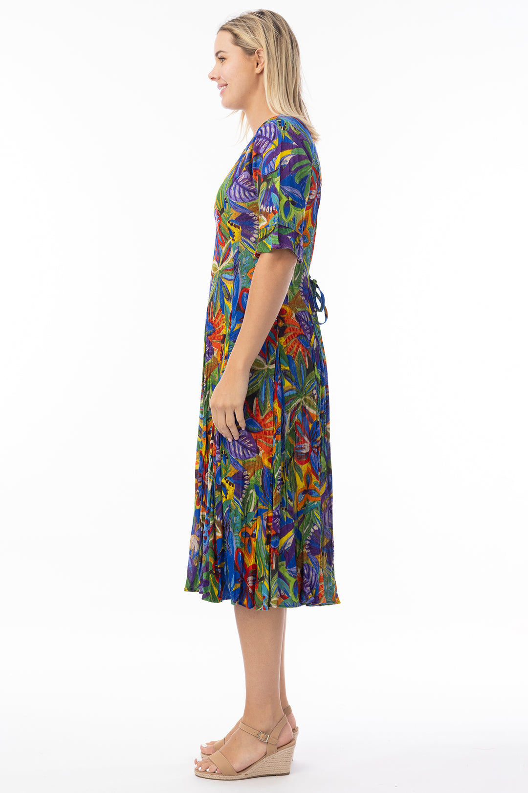 Orientique 81360 Zapallar Multicolour Print Short Sleeve Godet Dress