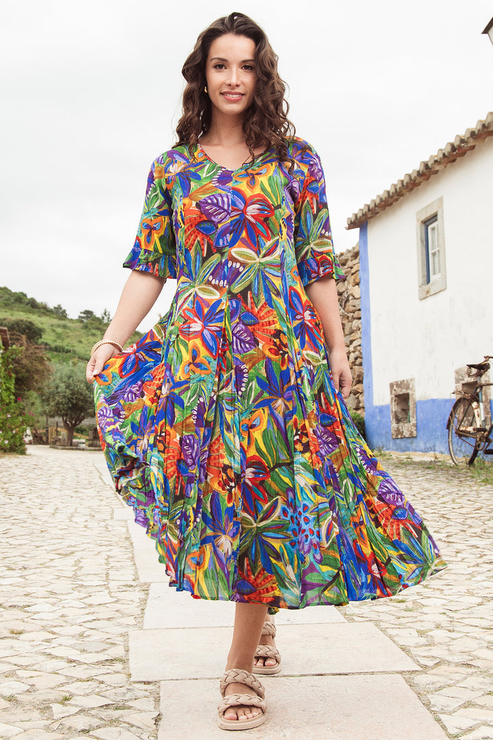 Orientique 81360 Zapallar Multicolour Print Short Sleeve Godet Dress