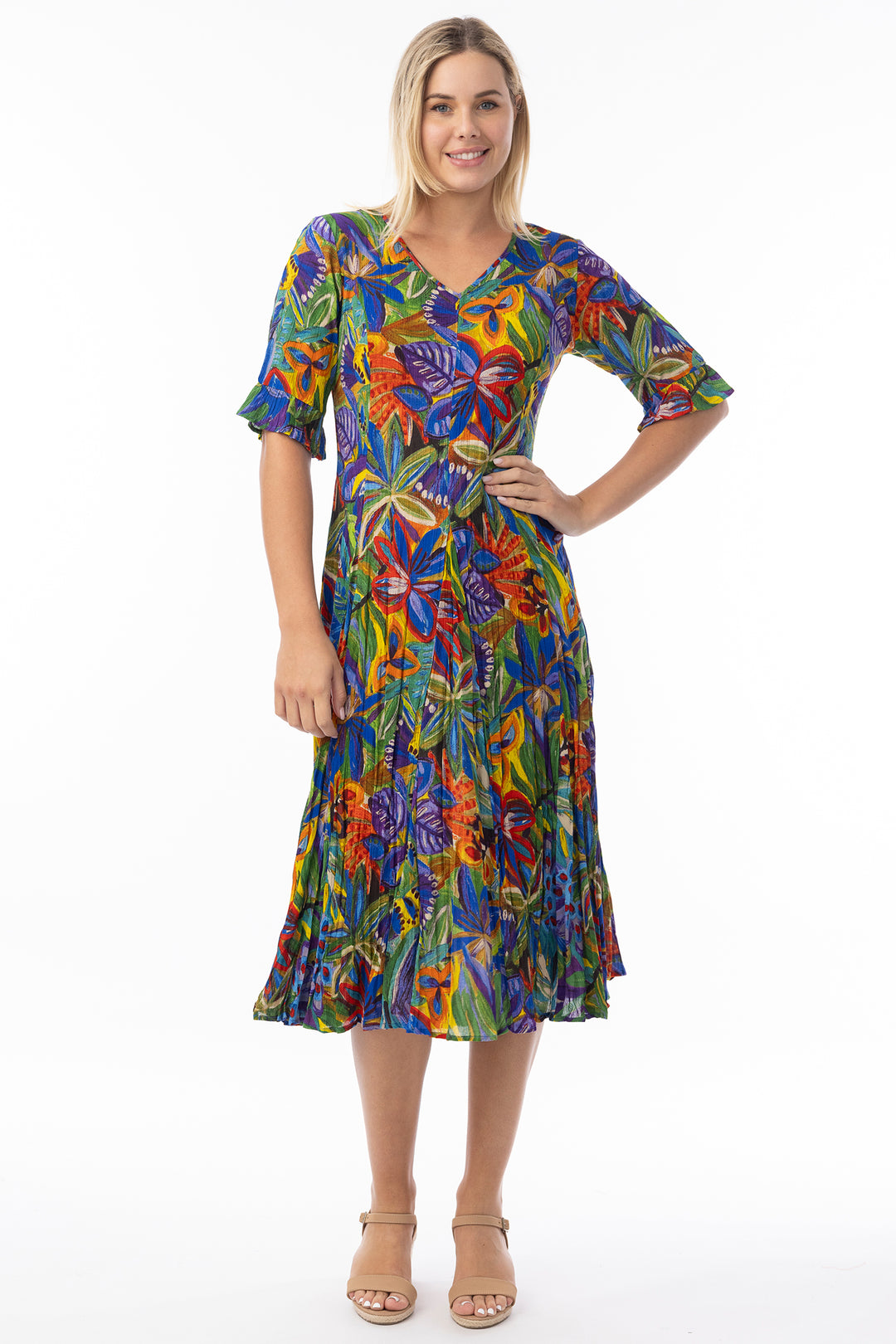 Orientique 81360 Zapallar Multicolour Print Short Sleeve Godet Dress