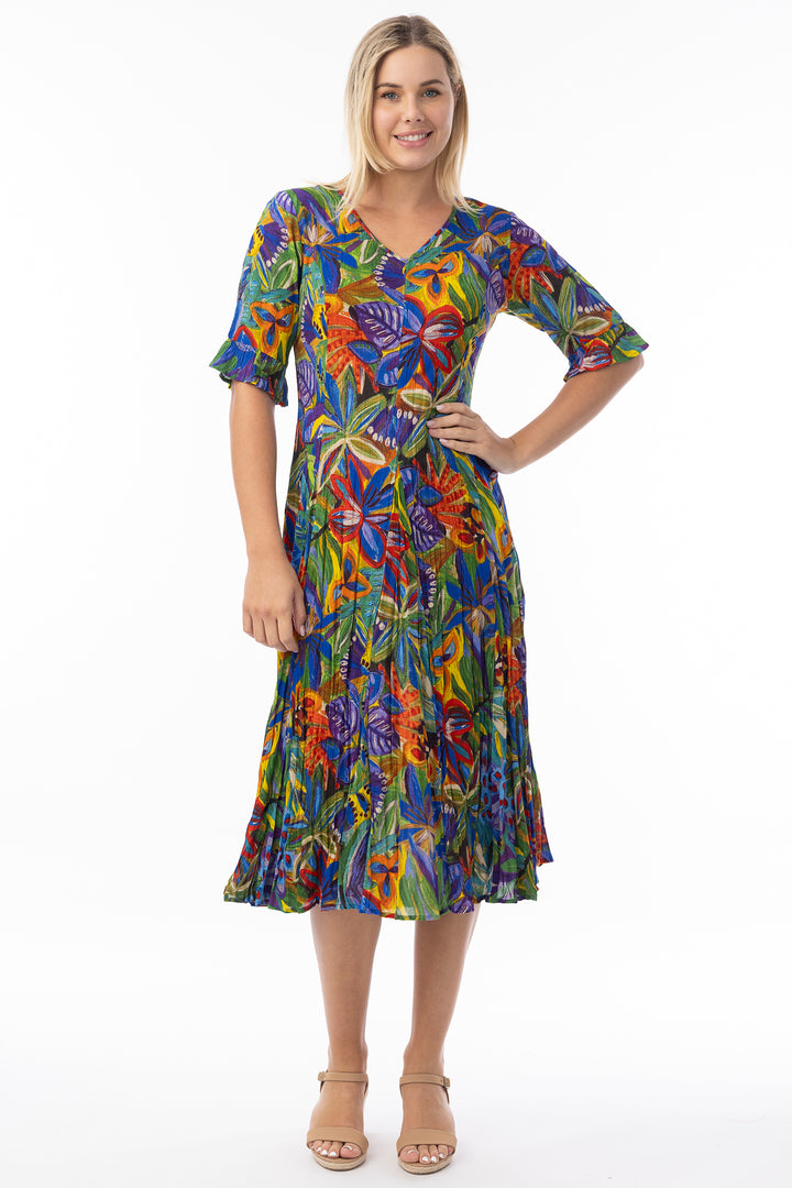Orientique 81360 Zapallar Multicolour Print Short Sleeve Godet Dress