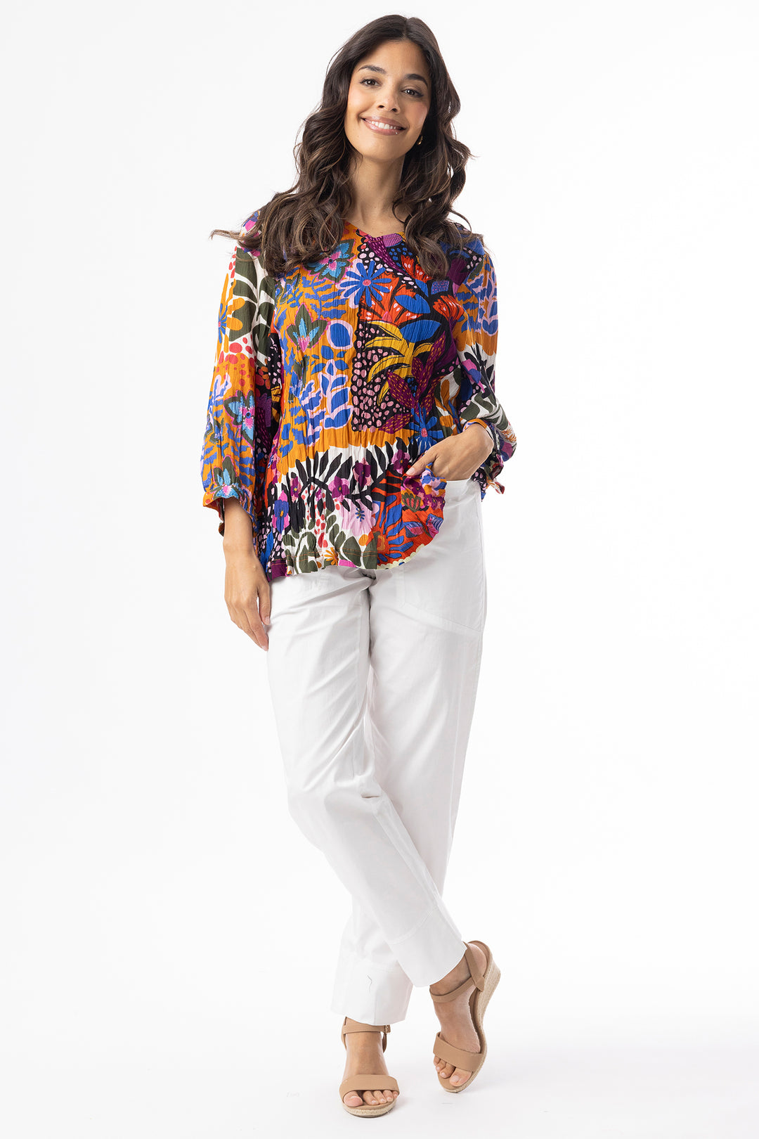Orientique 82208 Orange Salvador Multicolour Print V-Neck Top