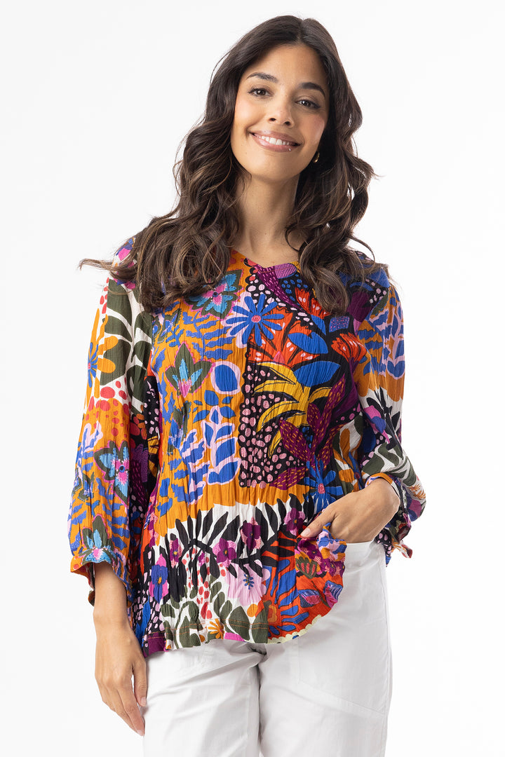 Orientique 82208 Orange Salvador Multicolour Print V-Neck Top