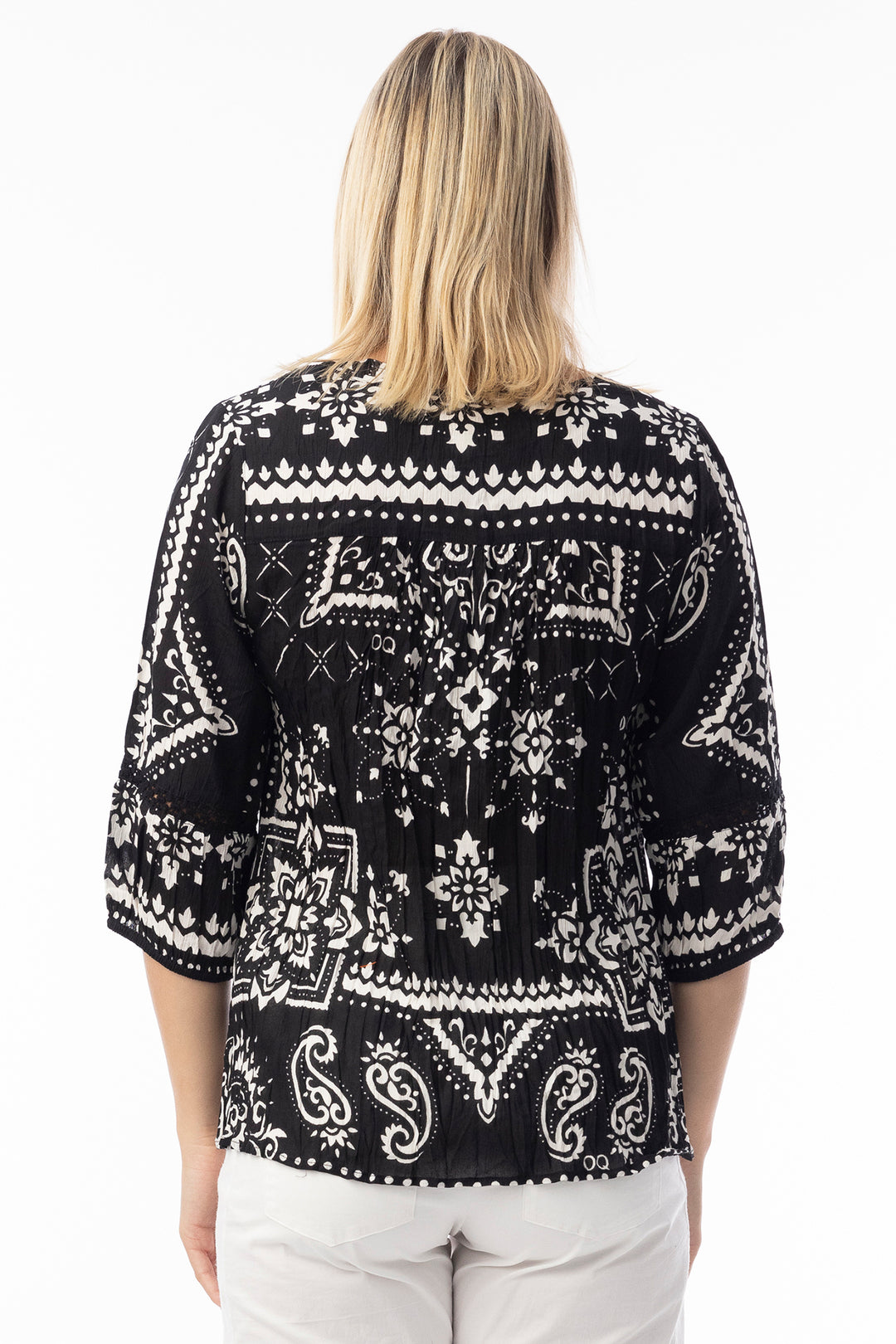 Orientique 82227 Black Bandana Print Tie Neck Top